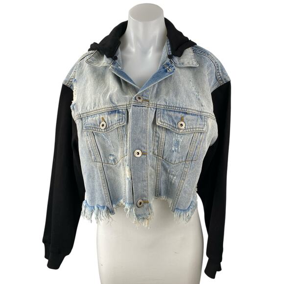 Dance & Marvel Jackets & Blazers - Dance & Marvel Blue Black Hoodie Hooded Distressed Crop Denim Jean Jacket Size S